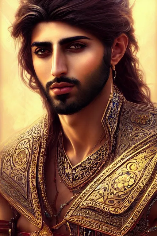 Image similar to Beautiful portrait of a Persian Prince who is a warrior, handsome prince of persia, face painting, attractive young man, persian style architecture, dramatic lighting, intricate, wild, highly detailed, digital painting, artstation, concept art, smooth, sharp focus, illustration, art by artgerm and greg rutkowski and alphonse mucha, footage from space camera