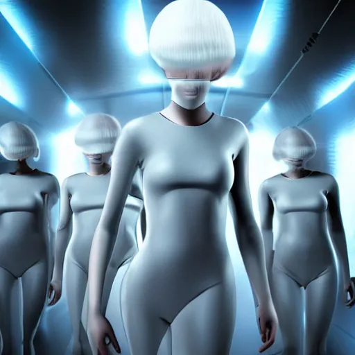 Image similar to troop of cloned women with white bob hairdos, tight light blue neopren suits, futuristic cloning facility, sci - fi, highly detailed, cinematic