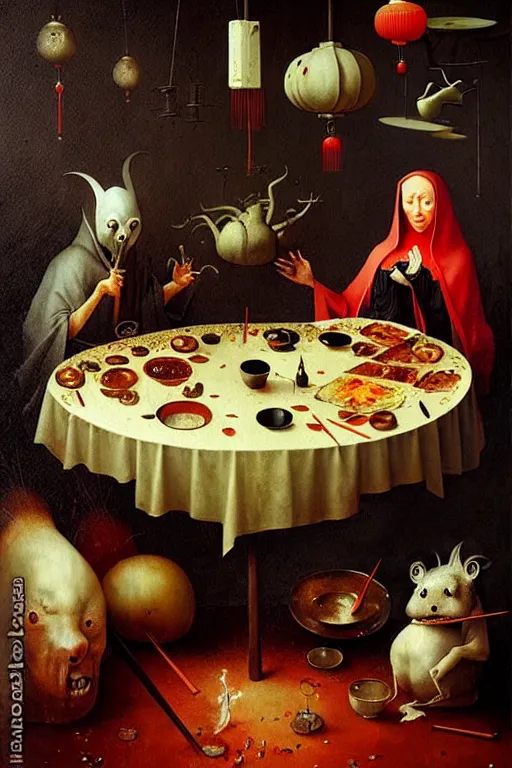 Image similar to hieronymus bosch, greg rutkowski, anna podedworna, painting of a succulent chinese meal