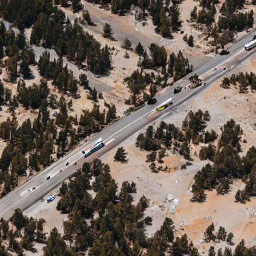 Prompt: Tilt shift photography, Big Bear Lake California, Ariel drone shot, Battlefield, war-torn landscape, fire, USAF Bombers, military, Battlezone