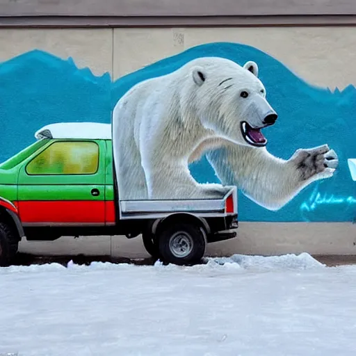 Image similar to a graffiti on a wall showing a polar bear driving a truck on ice