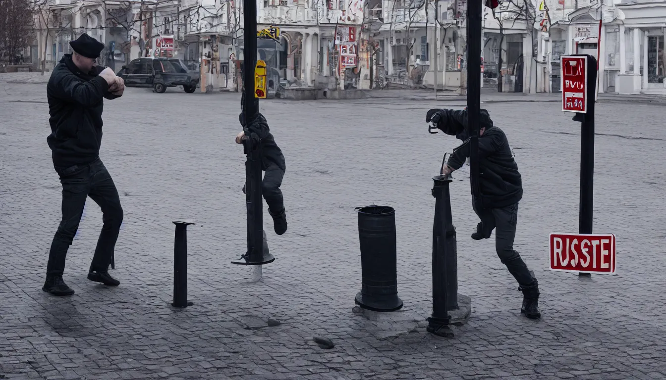 Prompt: picture of russian man punching a street sign, very detailed, 8 k