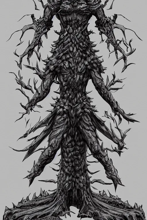 Prompt: armoured tree human figure monster, symmetrical, highly detailed, digital art, tree armour, sharp focus, trending on art station, kentaro miura manga art style