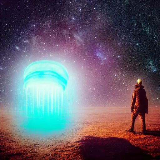 Prompt: over the shoulder photo of a man watching a magic glowing jellyfish in glowing cosmic stardust, colorful stars, galaxies, space, award winning photo, intricate, high detail, atmospheric, desolate