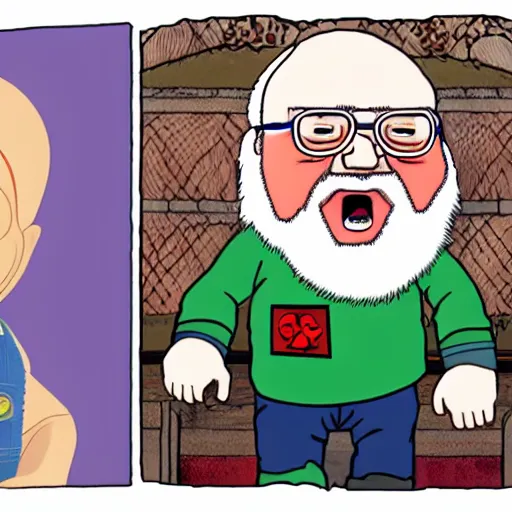 Image similar to george rr martin in a cartoon with screaming chucky doll