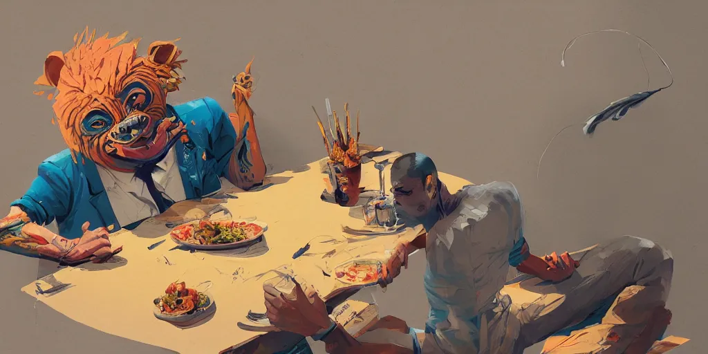 Image similar to cartoonish iggy pop eating dinner, vivid colors, character sheet, fine details, concept design, contrast, kim jung gi, greg rutkowski, trending on artstation, 8 k, full body, turnaround, front view, back view, ultra wide angle