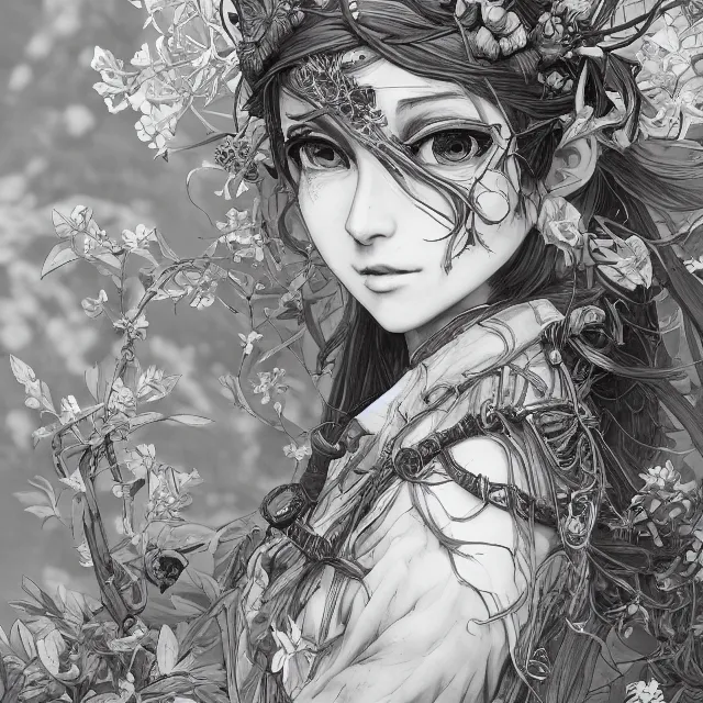 Image similar to the portrait of chaotic good female druid botanist as absurdly beautiful, gorgeous, elegant, young anime girl, an ultrafine hyperdetailed illustration by kim jung gi, irakli nadar, intricate linework, sharp focus, bright colors, octopath traveler, final fantasy, unreal engine 5 highly rendered, global illumination, radiant light, detailed and intricate environment