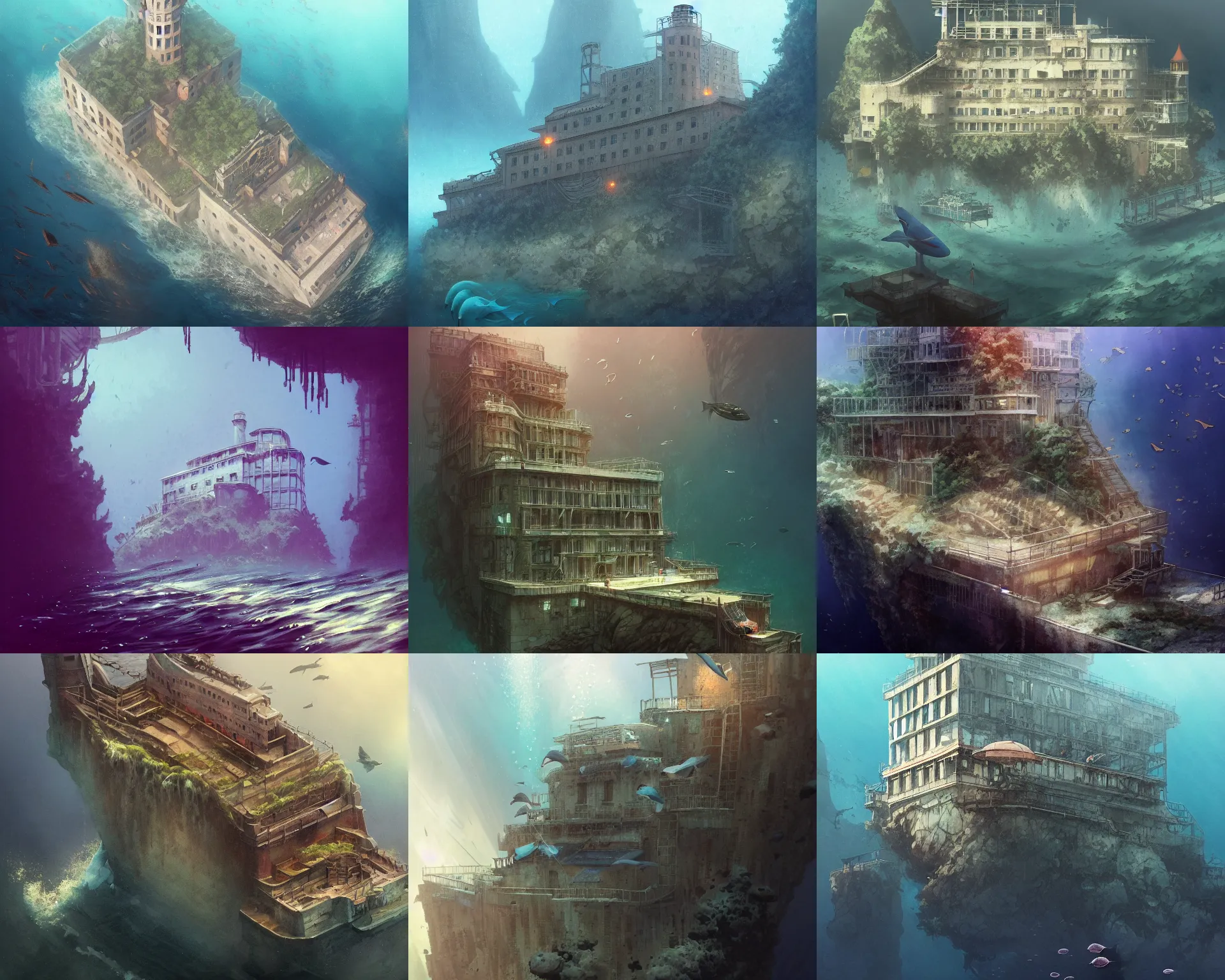 Prompt: underwater alcatraz, magnificent, close up, details, sharp focus, elegant, highly detailed, illustration, by Jordan Grimmer and greg rutkowski and PiNe(パイネ) and 薯子Imoko and 香川悠作 and wlop and maya takamura, intricate, beautiful, Trending artstation, pixiv, digital Art