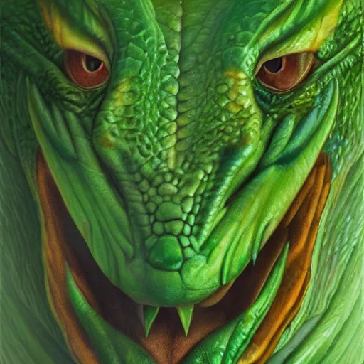 Image similar to realistic, portrait, painting, large green dragon, kodachrome, cgi, hd, detailed