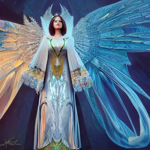 Image similar to a beautiful symmetrical plus size woman full body wearing algerian kaftan with translucent wings by alex gray and android jones , Karol Bak, Ayami Kojima, Amano , concept art, character design, fantasy,3D, 8k resolution