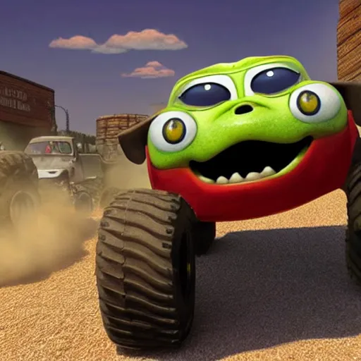 Image similar to A pug!! fighting a monster truck, pixar style