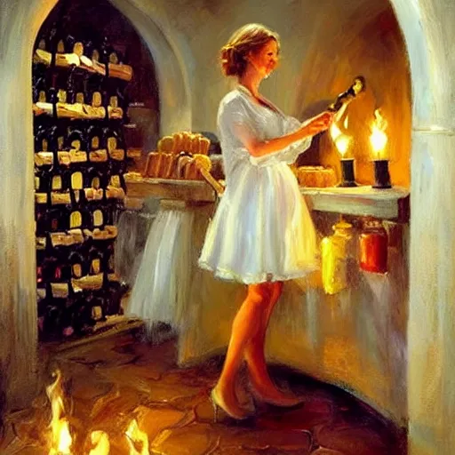 Image similar to wine cellar full of food, torches on the wall, schnapps, romantic, inviting, cozy, blonde woman, painting, Fritz Wagner, Vladimir Volegov, Olga Zakharova