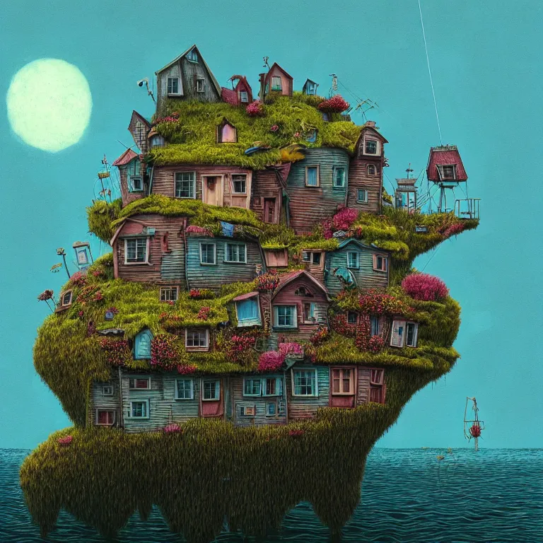 Image similar to house on island, sea cloud, surreal art by gediminas pranckevicius, geof darrow, dark shadows, hard lighting, floralpunk, inking, etching, screen print, masterpiece, trending on artstation, sharp, colorful high contrast hd, 8 k hyper detailed