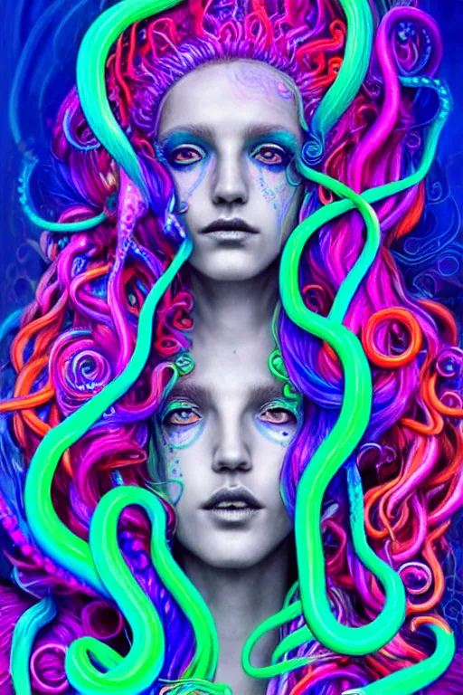 Image similar to A sea goddess with neon tentacles hair having an extremely colorful psychedelic experience, warping time and space, magic mushrooms, psilocybin, LSD, face, detailed, intricate, elegant, highly detailed, digital painting, artstation, concept art, smooth, sharp focus, illustration, art by Krenz Cushart and Artem Demura and alphonse mucha, Octane render, unreal engine, 8K