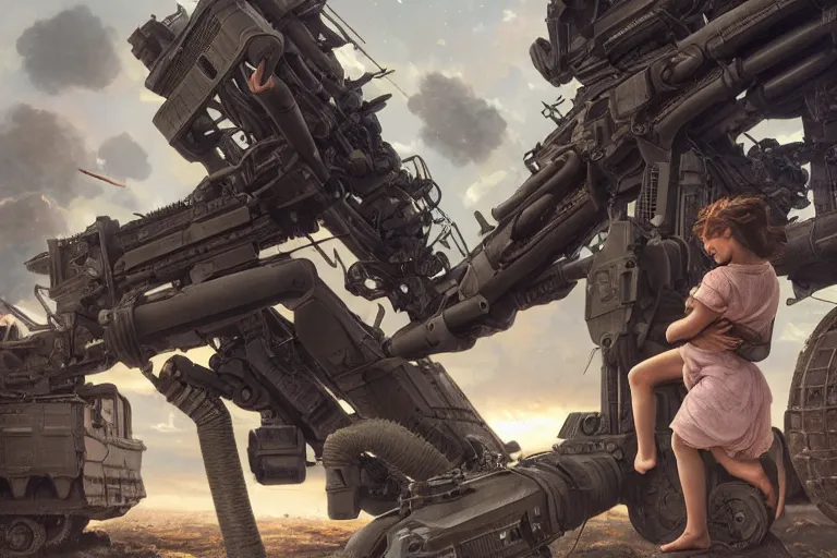 Prompt: Boy and girl holding each other's hands standing scared in front of a military war machine which is aiming at them. beautiful detailed photograph intricate insanely detailed octane render, 8k artistic photography, photorealistic, art by artgerm and greg rutkowski and alphonse mucha, detailed, trending on artstation