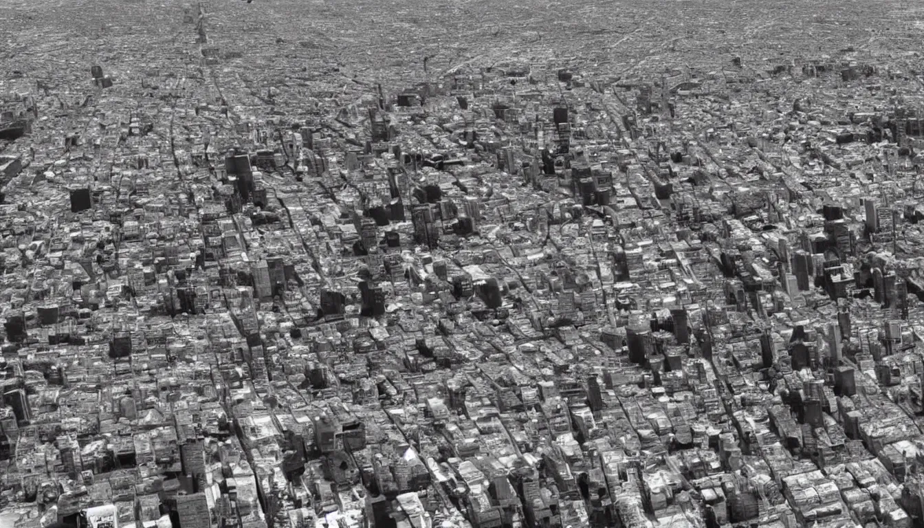 Prompt: Giant Gigachad destroying a city, drone footage black and white