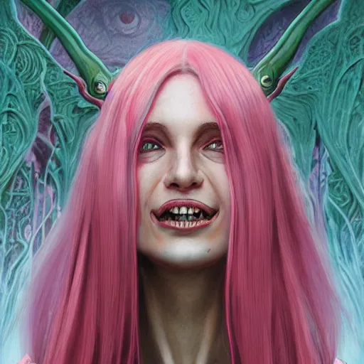 Prompt: a character portrait of a slyly grinning demoness with long pink hair, pointed ears, in modern casual clothing, in front of an intricate detailed of an alien world, by dorian cleavenger, greg rutkowski, wlop, astri lohne, zdzisław beksinski trending on artstation