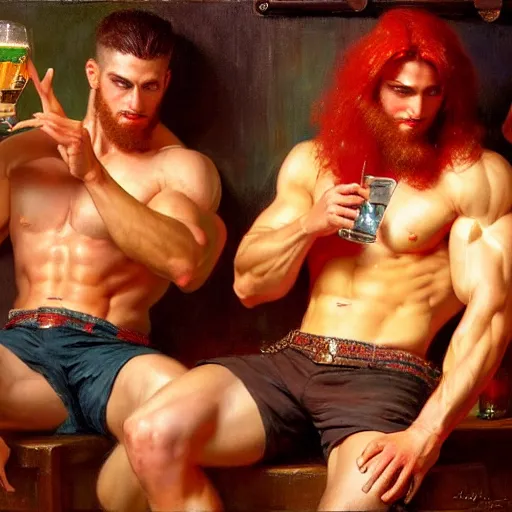 Prompt: attractive muscular male with red hair and attractive muscular male with black hair. pants and shorts, drinking their hearts out, having fun, in a pub. highly detailed and very defined painting by gaston bussiere, j. c. leyendecker, craig mullins 8 k