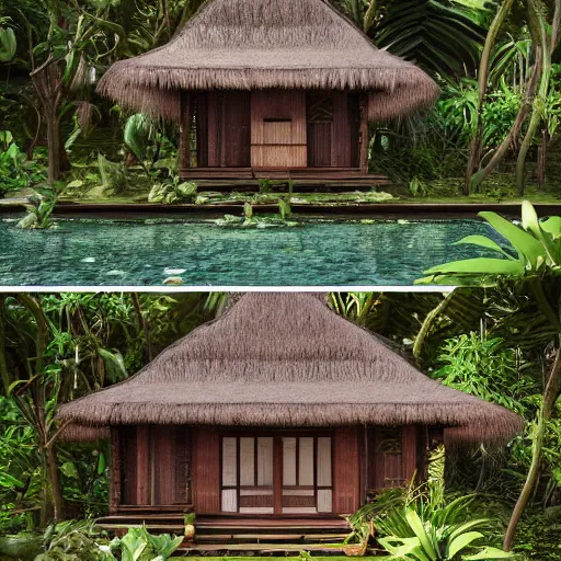 Image similar to a beautiful 3d renderings of a little house in the jungle, Balinese architecture by SOM Architect, Studio Ghibli,. Architectural photography, 14mm, cinematic photography, high resolution 4k, cg architects, vray