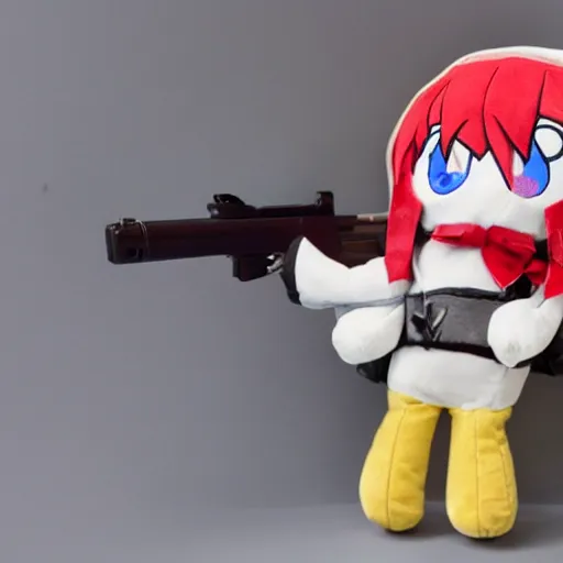 Image similar to cute angry fumo plush with a handgun, firearm, anime girl pointing gun