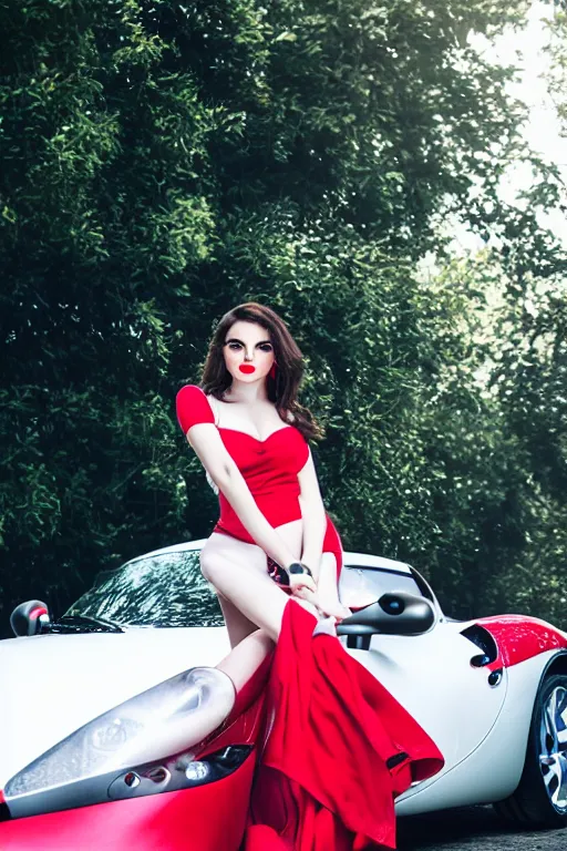 Prompt: A beautiful Italian woman standing next to a Red TVR Sagaris, voluptuous, red lipstick, white dress, HDR, 50mm, volumetric lighting, bokeh, studio lighting, professional photography