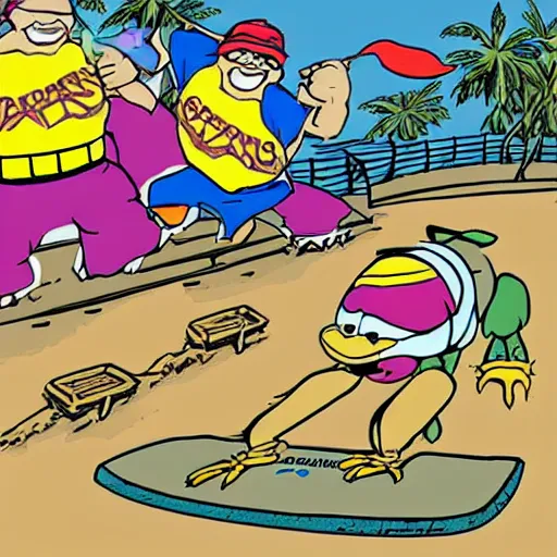 Prompt: a dodo wearing street clothes, a backwards ballcap and gold chain around its neck, surfing on on a hover board at a skate park at the beach, 1990s cartoon, teenage mutant ninja turtles