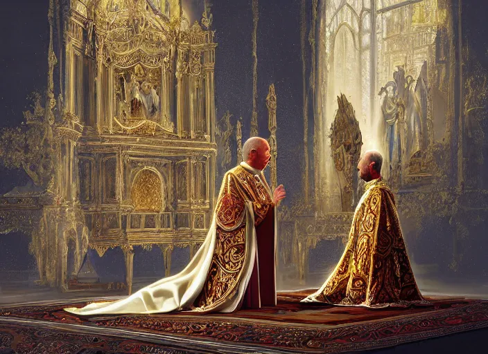 Image similar to kneeling before the pope, royal robe, gold trim, light effect, hyper detailed, intricate, atmospheric, elegant, photorealistic by paul lehr, marco mazzoni, featured on cgsociety, rococo, whimsical, artstation