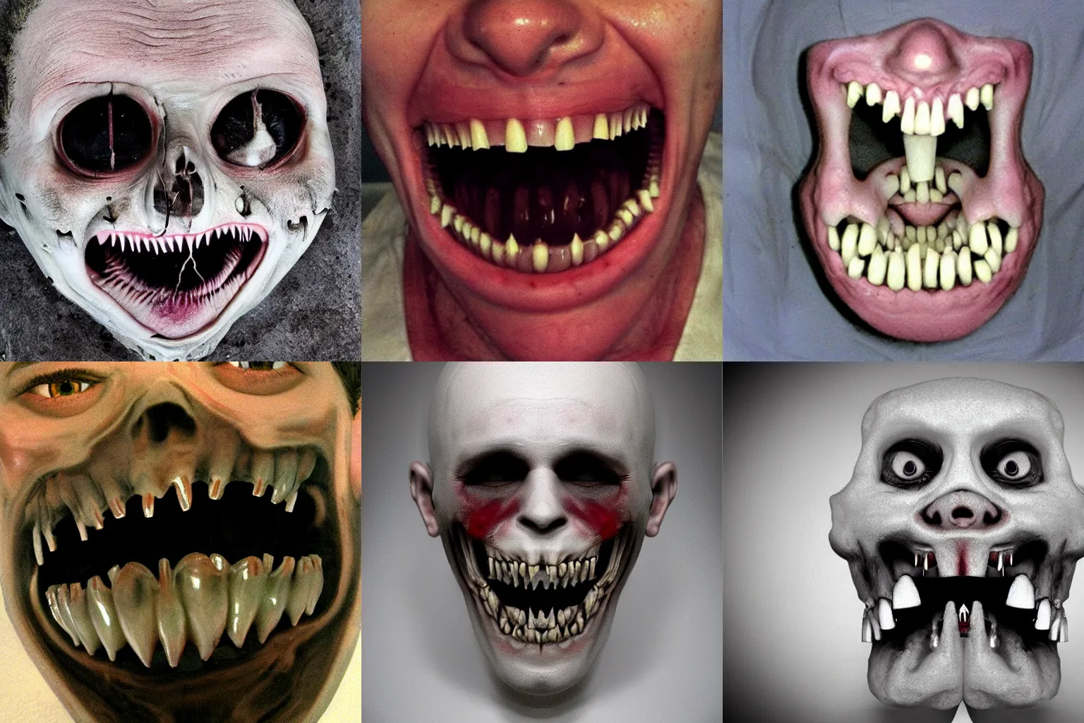 Prompt: inverted face, horror, scary, realistic, with teeth teeth teeth teeth and teeth!!!!!!!!!!!