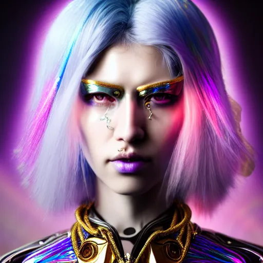 Prompt: hyperdetailed portrait of a stunningly beautiful cyberpunk british girl androgynous wizard guard made of iridescent metals and shiny purple gems, bright rainbow nimbus, silver necklace, gold background inspired by ross tran and masamune shirow and kuvshinov, concept art, intricate, photorealistic, octane render, rtx, hdr, unreal engine, dnd digital art by artgerm