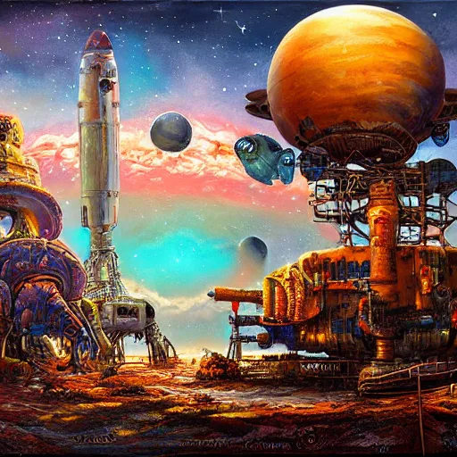 Image similar to spaceport orbiting ancient post - apocalyptic planet, jim henson creature shop, vivid and colorful, thomas kincaid, cinematic, oil painting, highly detailed, illustration