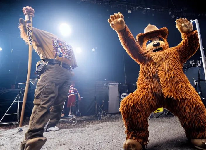 Prompt: photo still of smokey the bear on stage at vans warped tour!!!!!!!! at age 3 3 years old 3 3 years of age!!!!!!!! shredding a shovel, 8 k, 8 5 mm f 1. 8, studio lighting, rim light, right side key light