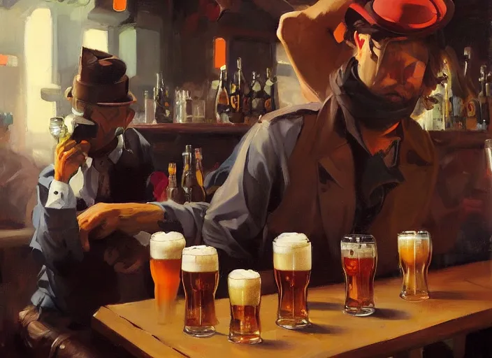 Image similar to greg manchess still life painting of a delicious mug of beer in a dieselpunk bar, organic painting, matte painting, bold shapes, hard edges, street art, trending on artstation, by huang guangjian and gil elvgren and sachin teng