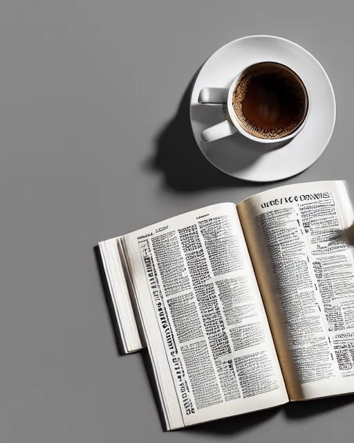 Prompt: 'a full view of a table with a magazine opened to a page with a picture of a coffee cup' clay sculpture, magazine, zoomed out, zoomed out, zoomed out