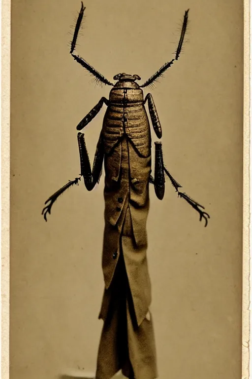 Image similar to anthropomorphic locust, wearing a suit, vintage photograph, sepia