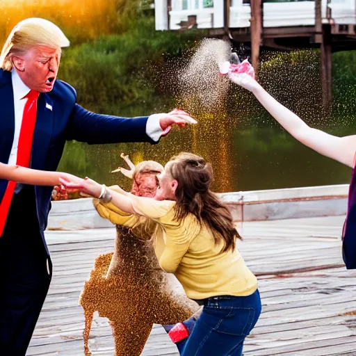 Image similar to donald trump throwing pudding onto citizens, citizens soaked with pudding, golden hour, boardwalk, professional photography