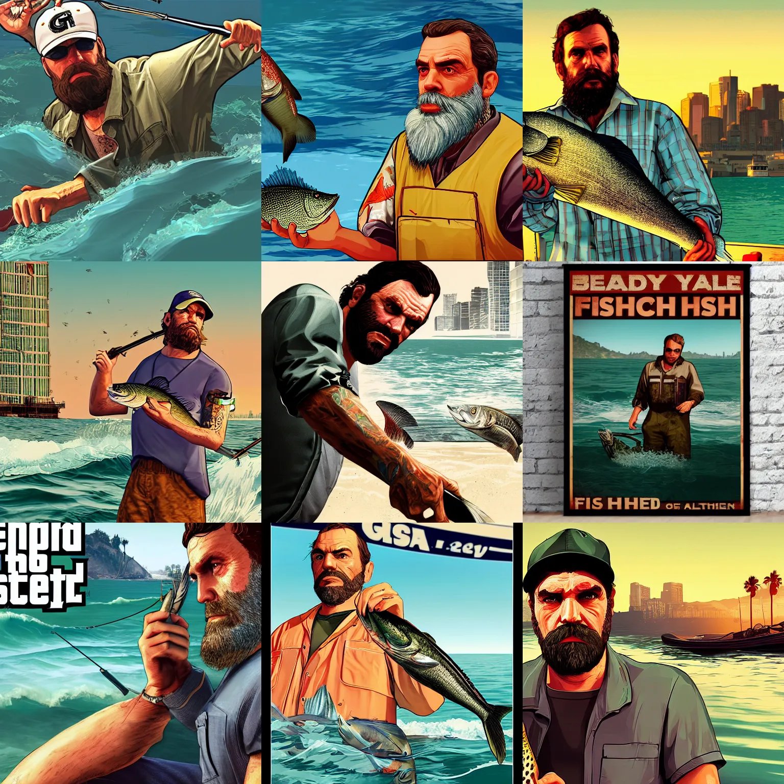 Image similar to 30-year old bearded fisherman caught fish, GTA V poster, detailed, closeup