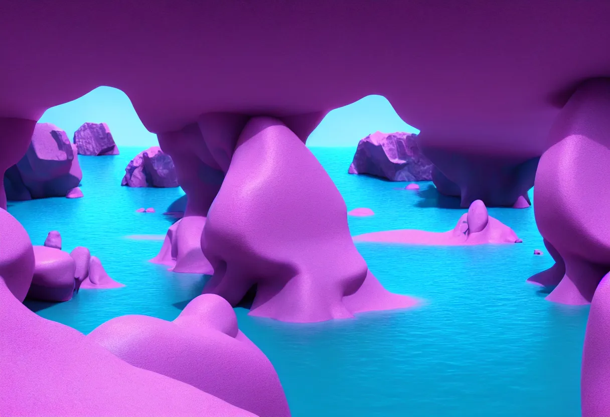 Image similar to inside of alien sea landscape of human mind and imagination, big pink rocks and blue pebbles, matte painting, beautiful render, octane render, concept art