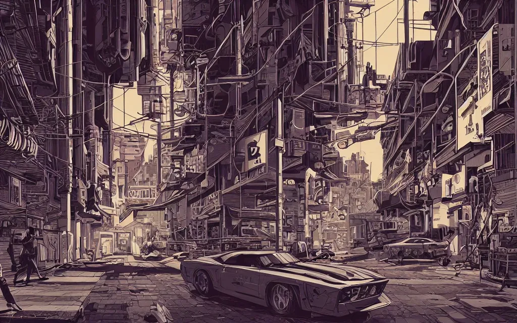 Prompt: very detailed, prophet graphic novel, ilya kuvshinov, mcbess, rutkowski, simon roy, illustration of a cyberpunk industrial alley with a muscle car, colorful, cinematic composition, studio lighting