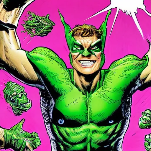 Prompt: Mark Zuckerberg as the Green Goblin in 1990s comic cover illustration, bust