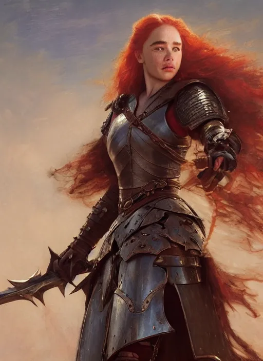 Image similar to short muscular redhead woman wearing realistic medieval armour, emilia clarke, detailed by gaston bussiere, bayard wu, greg rutkowski, maxim verehin, greg rutkowski, masterpiece, sharp focus, cinematic lightning