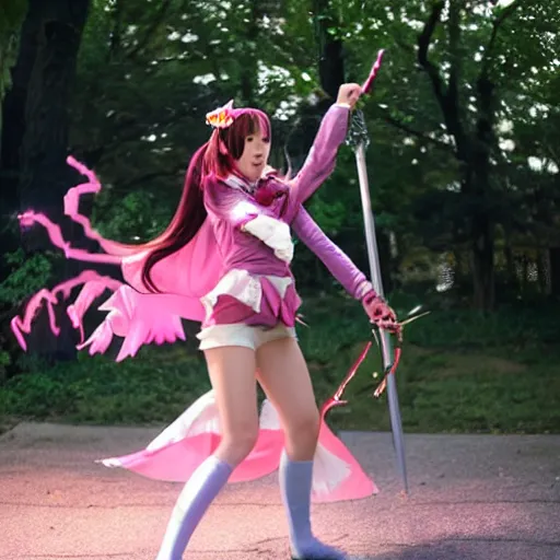 Prompt: a real-life mahou shoujo girl flying using a magic attack in a magic battle scene