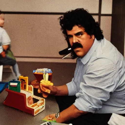 Image similar to Pablo Escobar smoking a joint in the middle of a McDonald’s playplace