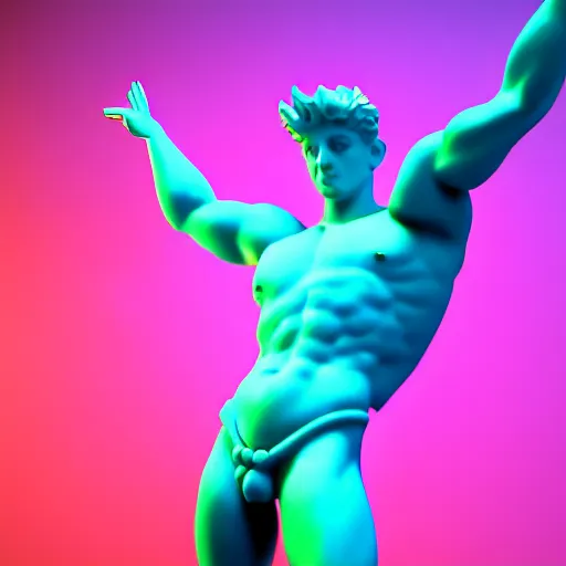 Image similar to unreal engine octane render houdini hyperreallistic render 8k marble statue of the minotaur vaporwave blue and pink neon background