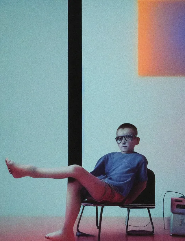 Image similar to boy in dark room sitting on a chair infront of tv, blue rays from tv, redshift, wide shot, coloured polaroid photograph, pastel, kodak film, hyper real, stunning moody cinematography, by maripol, fallen angels by wong kar - wai, style of suspiria and neon demon, david hockney, detailed, oil on canvas