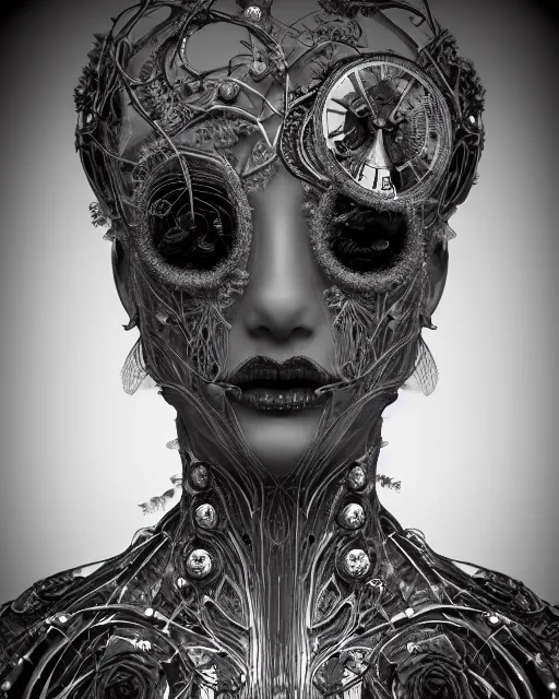 Image similar to mythical dreamy black and white organic bio - mechanical spinal ribbed profile face portrait detail of translucent steampunk beautiful female angelic - human - queen - vegetal - cyborg, highly detailed, intricate crystal ivy jelly ornate, poetic, translucent roses ornate, 3 d render, digital art, octane render, 8 k artistic photography, photo - realistic, by dora maar