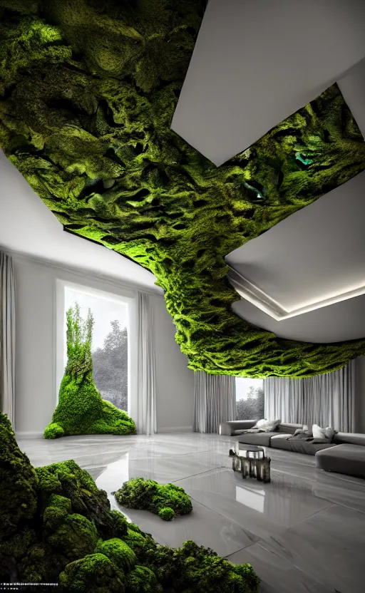 Prompt: highly detailed ultra sharp 3 d render villa interior cinematic composition of a smooth ceramic porcelain biomorphic magnolia stone nebula fluid fractal sci - fi surreal architecture landscape, granite, metallic niobium, marble, moss and lichen, vincent callebaut composition, mamou - mani, archviz, beautiful lighting, 8 k, unreal engine, hdr,