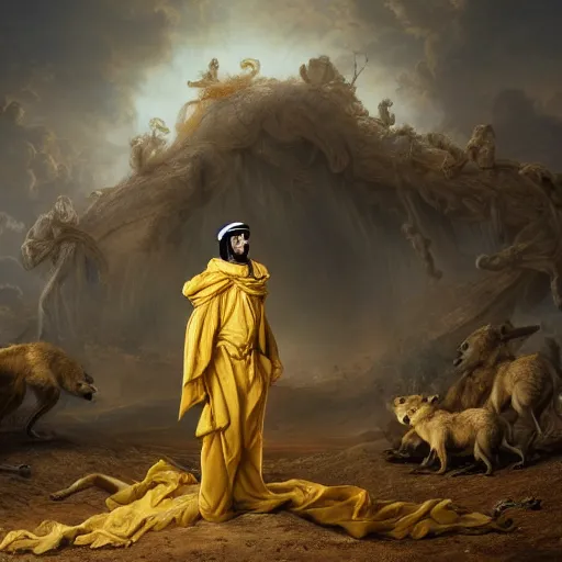 Image similar to A epic and beautiful rococo painting of a young arab boy covered in yellow cloth surrounded by wolves of ashes, standing before a desert of ashes. ultra-detailed. Anime, pixiv, UHD 8K CryEngine, octane render