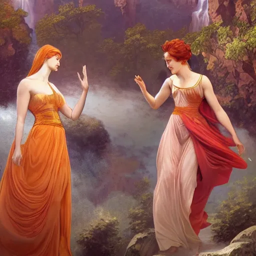 Prompt: a highly detailed byzantine painting of scarlett johansson and emma watson as red haired queens walking through a waterfall in a gossamer thin orange dress, epic fantasy, stormy night, viewed in profile from far away, ultrawide lens, art by artgerm and greg rutkowski and alphonse mucha, volumetric lighting, 4 k resolution, trending on artstation, masterpiece