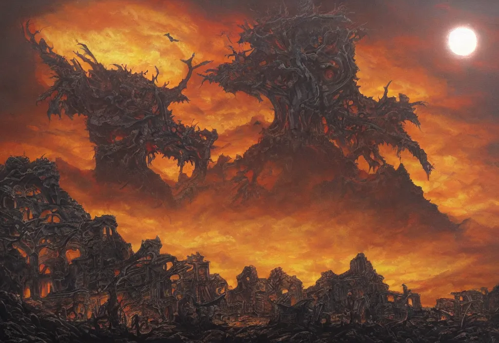 Image similar to shadow of the tyrant Sun above the ruins of the old kingdom red sun dead sky necromantic solar mythos, award winning oil painting, dead mythos palette