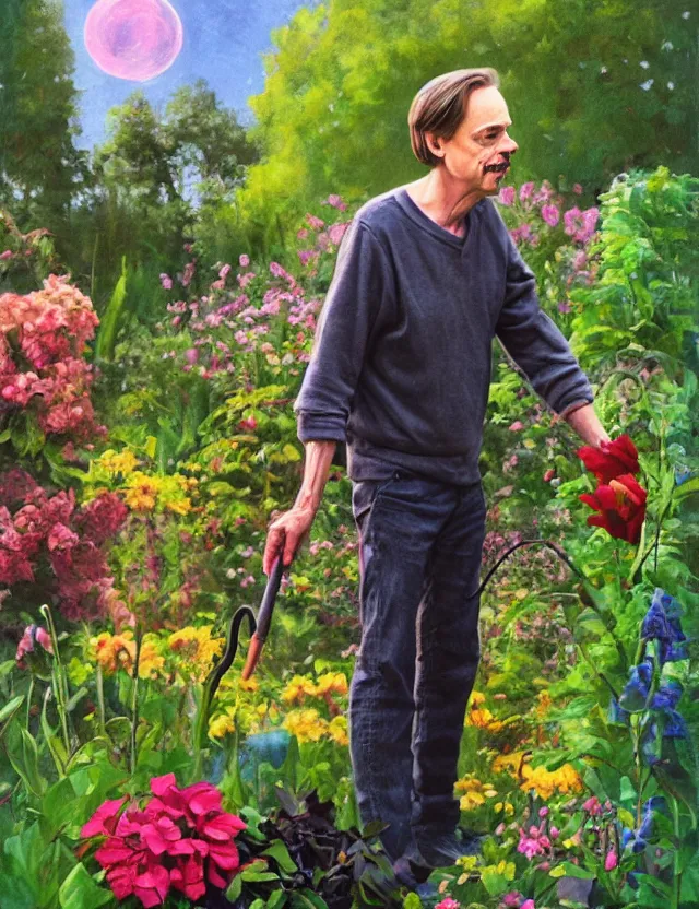 Prompt: steve buscemi gardening. gouache fairytale art, russian romanticism, muted palette, backlighting, depth of field